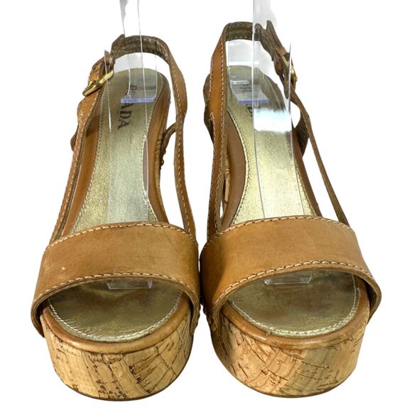 Prada Cork Platform Chunky Heel Brown Leather Studded Heels EU 36.5 US 6.5 -READ - Picture 2 of 13